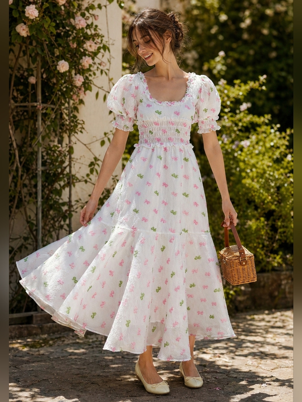 SISTER JANE White PINK GREEN BOW Puff Sleeve SMOCKED Midi Party DRESS Size L M